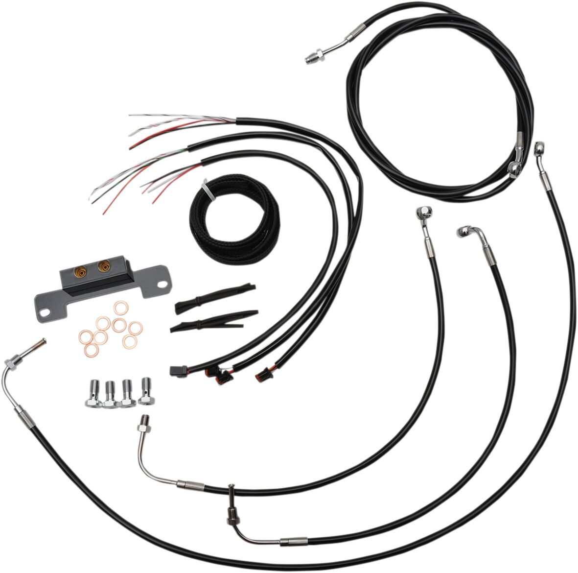 COMPLETE BLACK VINYL/STAINLESS HANDLEBAR CABLE/WIRE HARNESS/BRAKE LINE KIT FOR 18" - 20 " APES / BLA