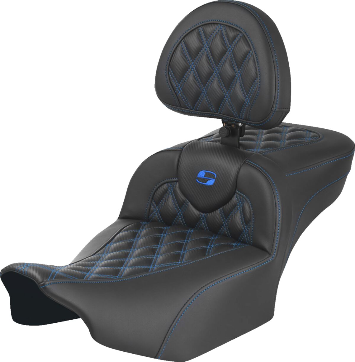 RoadSofa™ Seat - with Backrest - Carbon Fiber - Blue Stitch - Extended