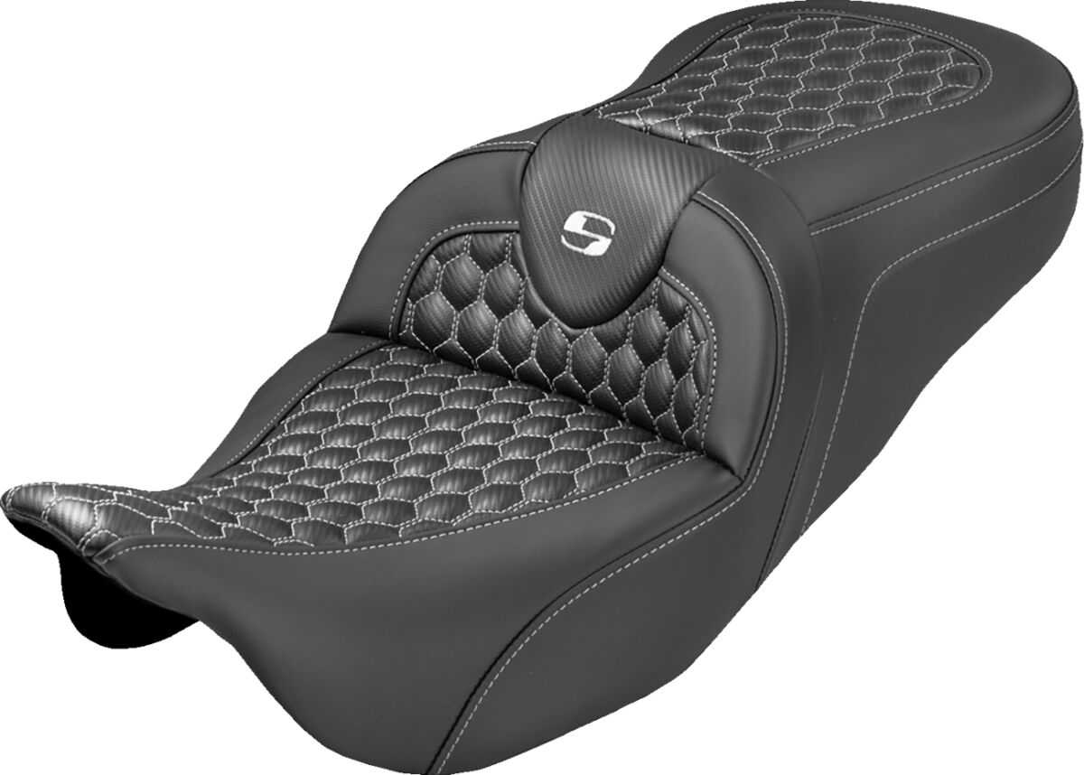 RoadSofa™ Seat - Honeycomb - White Stitch - without Backrest - Extended Reach - FLH/FLT '08-'24