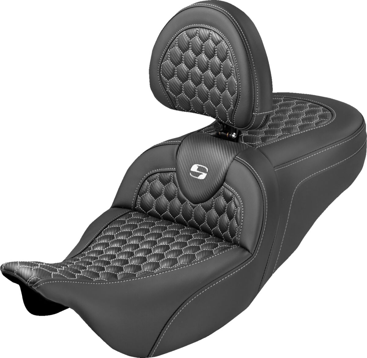 RoadSofa™ Seat - Honeycomb - White Stitch - with Backrest - Extended Reach - FLH/FLT '08-'24