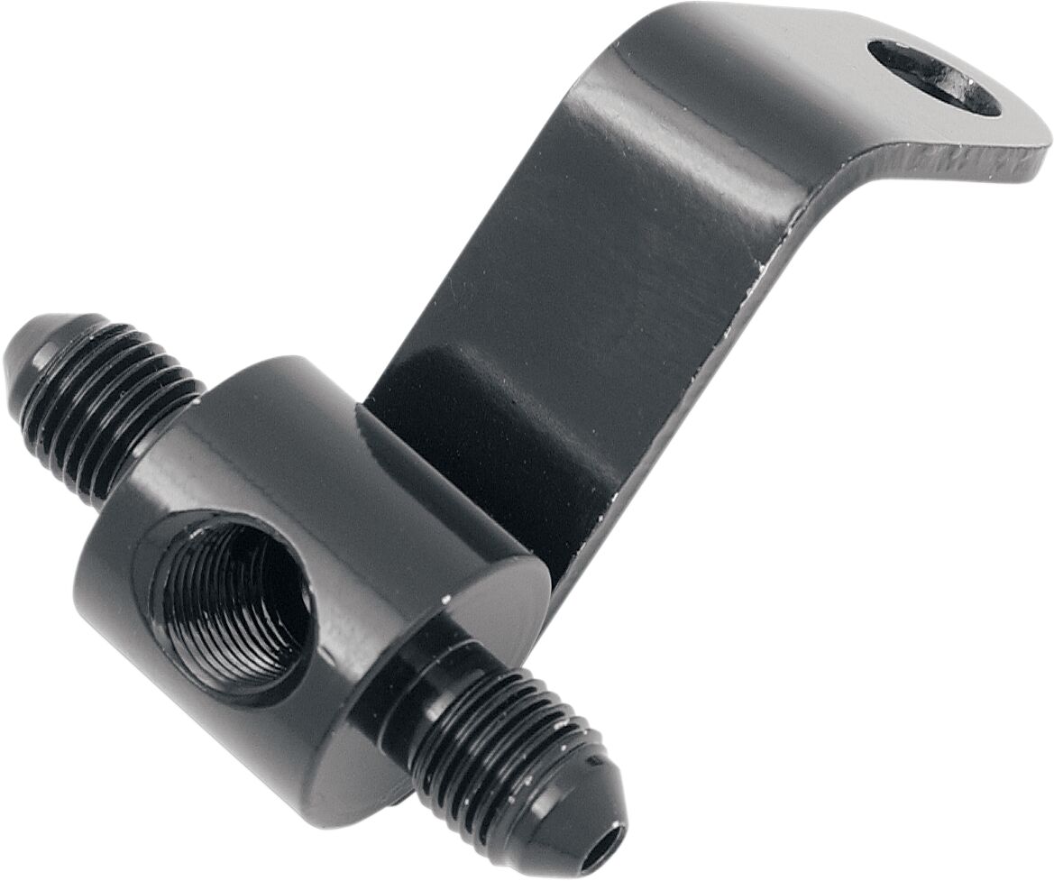 Piduri T-liitmiku/pidurilüliti korpus koos kinnitusega, tagumine, must, 2x isane 3/8x24 JIC/UNF, 1x emane 1/8 NPT, H-D XL