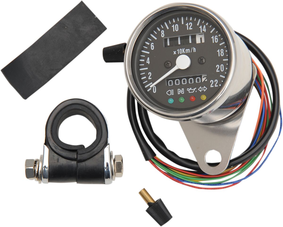 2.4" MECHANICAL SPEEDOMETER 1:1 KM/H WITH LED INDICATORS CHROME BLACK FACE