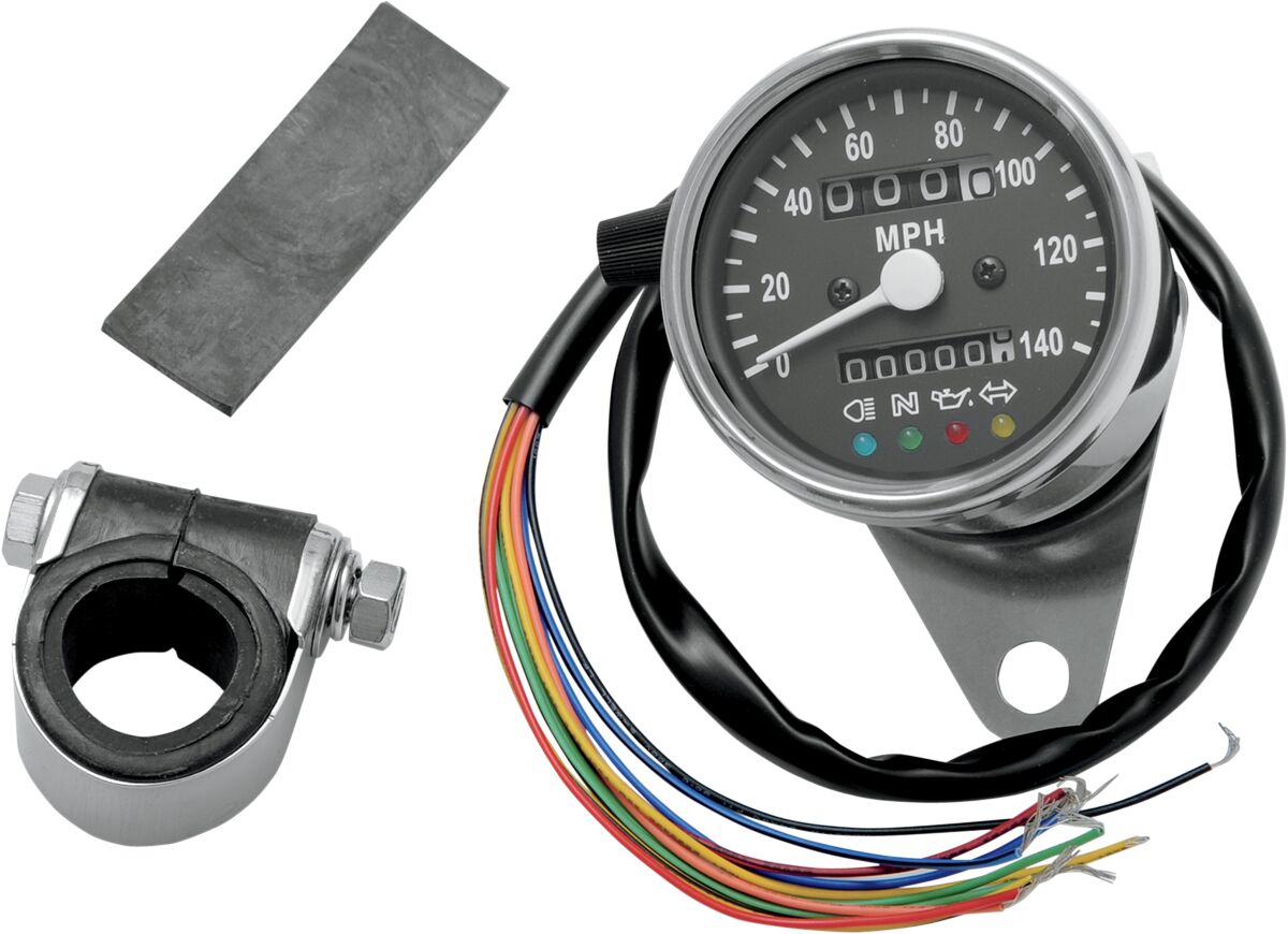 2.4" MECHANICAL SPEEDOMETER 2:1 WITH LED INDICATORS CHROME BLACK FACE
