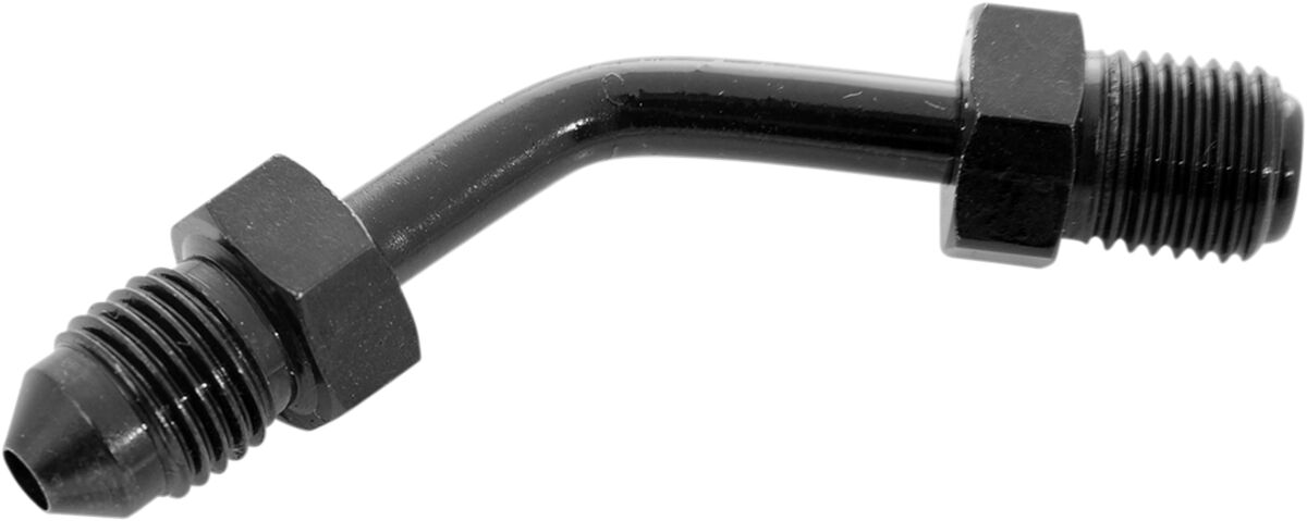 Pidurivooliku adapter AN-03 voolikule, 45° toru, must, 2x isane AN-3 3/8x24 JIC/UNF, üleminek 3/8x24 JIC/UNF inverteeritud